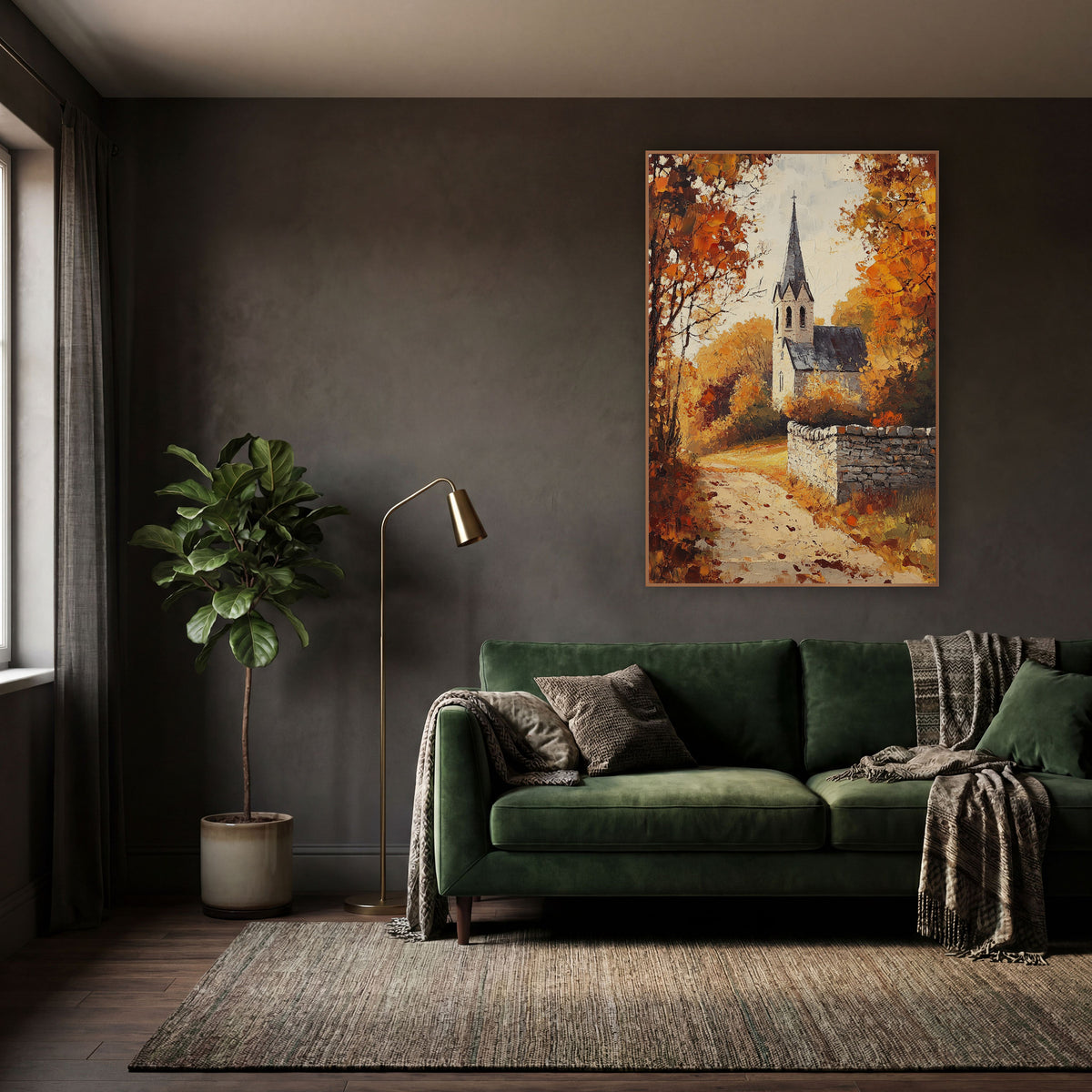 Autumn Village Chapel Path Landscape wall art in a moody dark academia room – autumn village chapel with slate spire