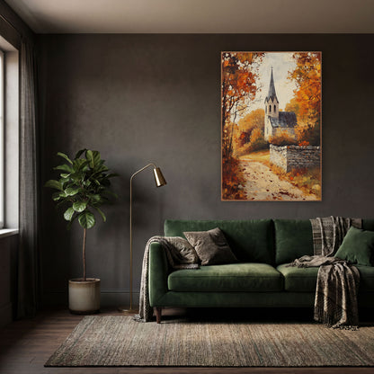 Autumn Village Chapel Path Landscape wall art in a moody dark academia room – autumn village chapel with slate spire