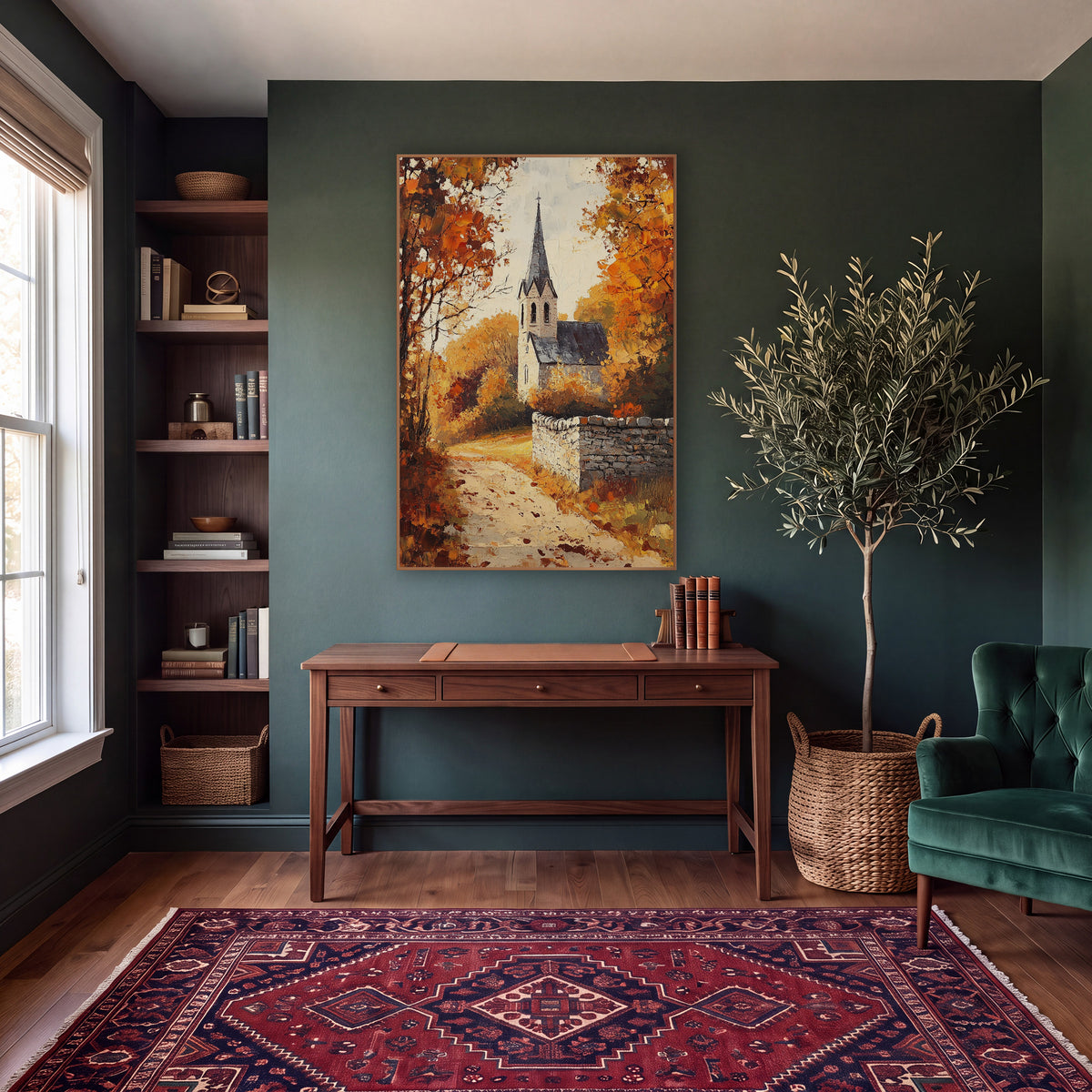 Autumn Village Chapel Path Landscape wall art in a moody dark academia room – autumn village chapel with slate spire
