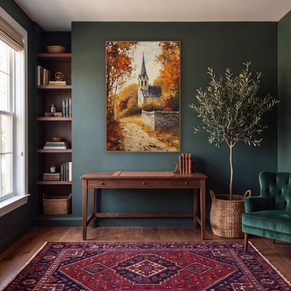 Autumn Village Chapel Path Landscape wall art in a moody dark academia room – autumn village chapel with slate spire