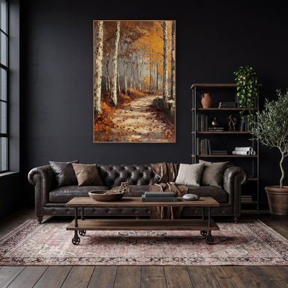 Amber Birch Forest Path Autumn wall art in a moody dark academia room – autumn birch forest path with white tree