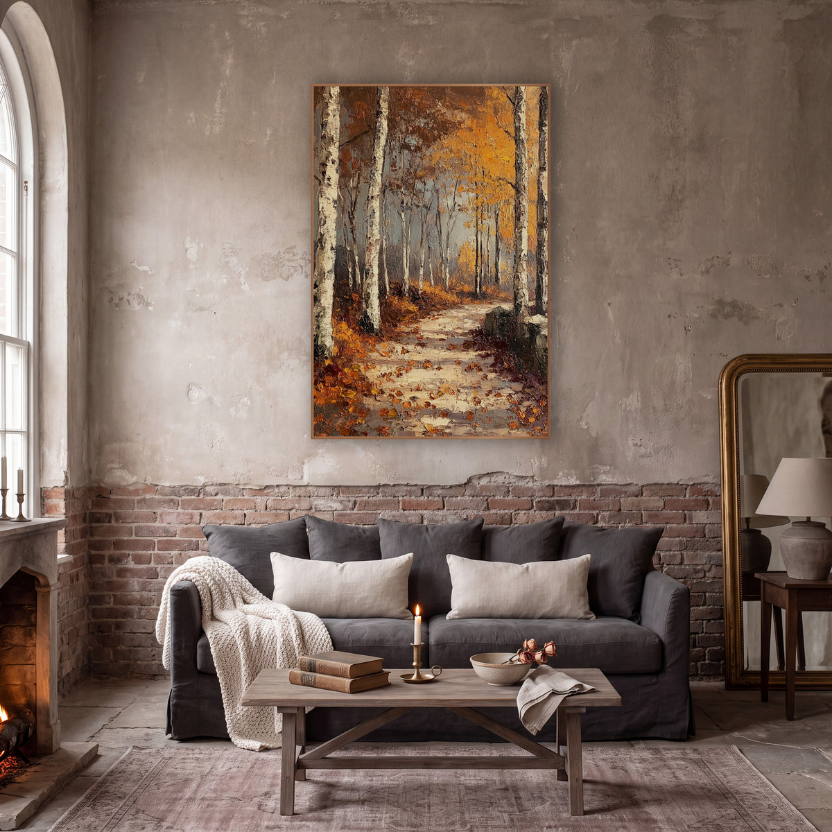 Amber Birch Forest Path Autumn wall art in a moody dark academia room – autumn birch forest path with white tree