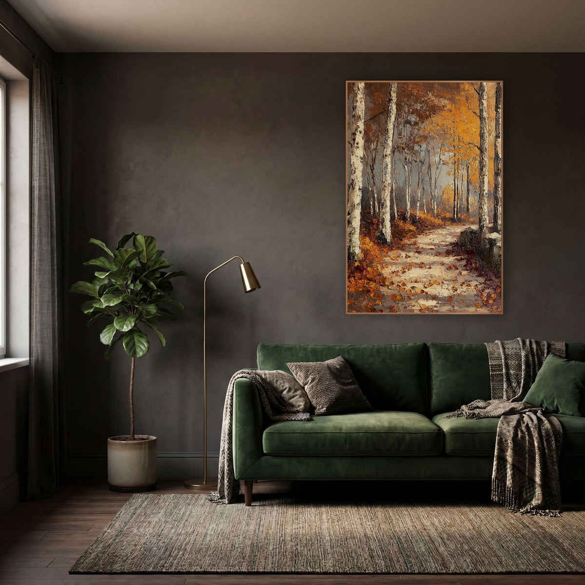 Amber Birch Forest Path Autumn wall art in a moody dark academia room – autumn birch forest path with white tree