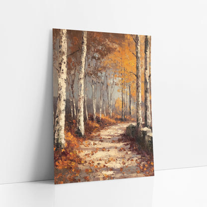 Amber Birch Forest Path Autumn art print leaning against a white wall – autumn birch forest path with white tree trunks
