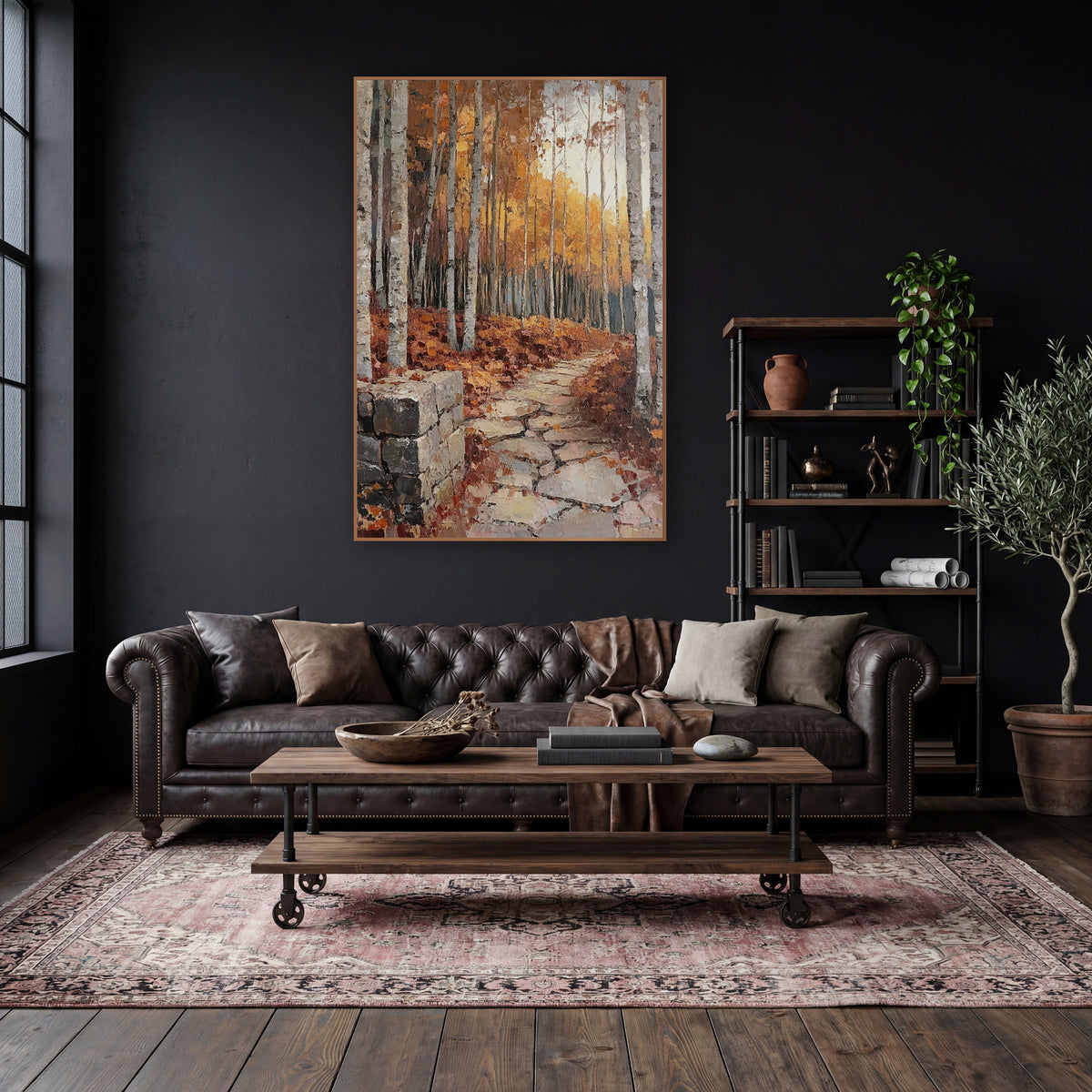 Golden Birch Forest Path Landscape wall art in a moody dark academia room – autumn birch forest with a winding stone