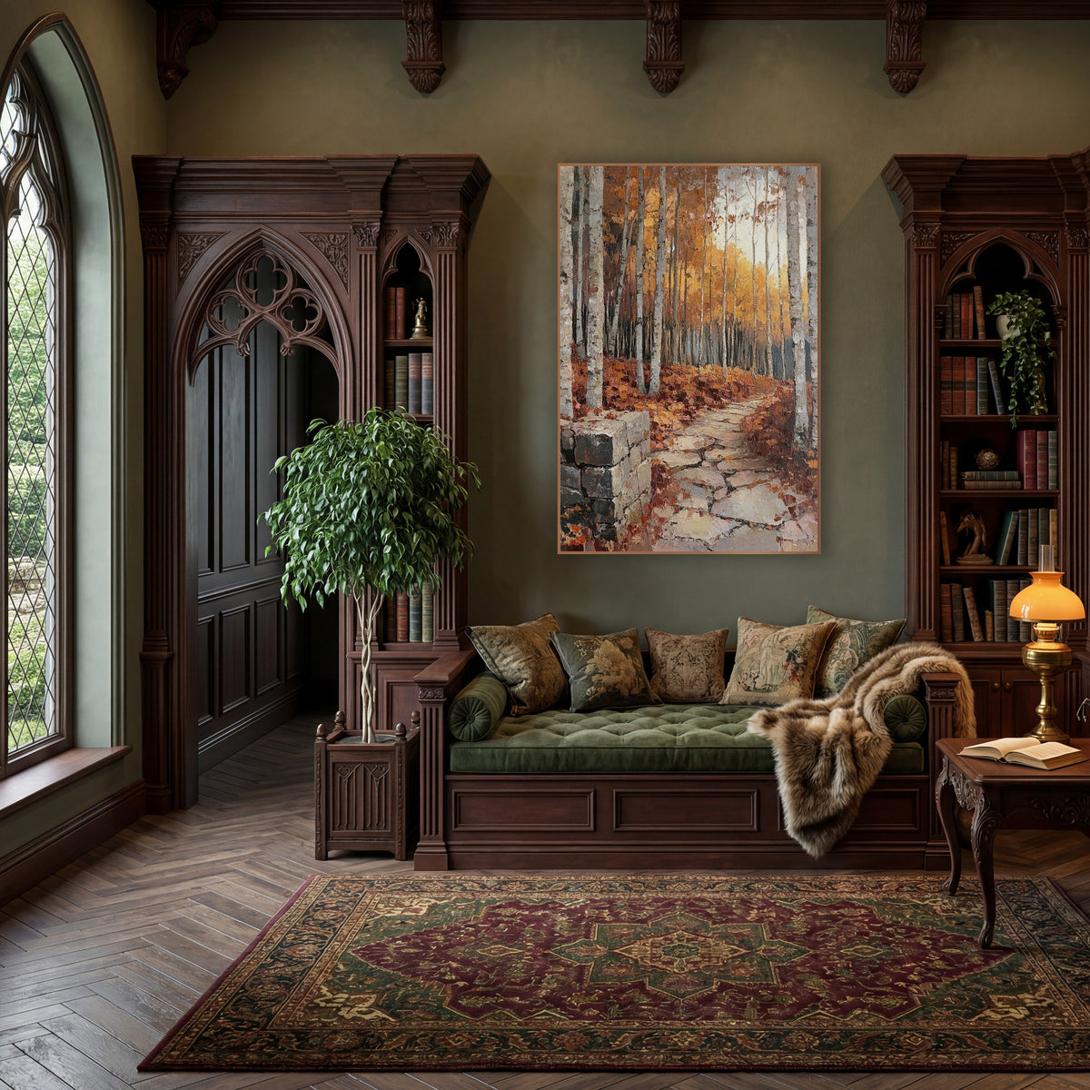 Golden Birch Forest Path Landscape wall art in a moody dark academia room – autumn birch forest with a winding stone