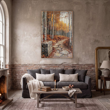 Golden Birch Forest Path Landscape wall art in a moody dark academia room – autumn birch forest with a winding stone