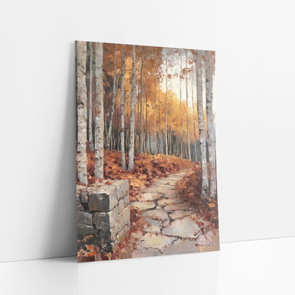 Golden Birch Forest Path Landscape art print leaning against a white wall – autumn birch forest with a winding stone path