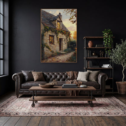 Ivy Covered Stone Cottage Landscape wall art in a moody dark academia room – stone cottage with slate roof