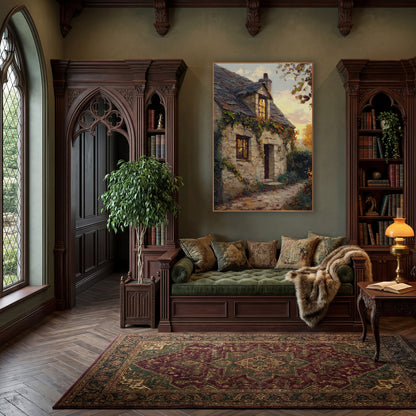 Ivy Covered Stone Cottage Landscape wall art in a moody dark academia room – stone cottage with slate roof