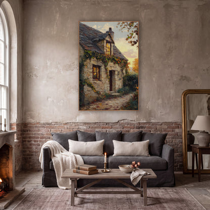 Ivy Covered Stone Cottage Landscape wall art in a moody dark academia room – stone cottage with slate roof