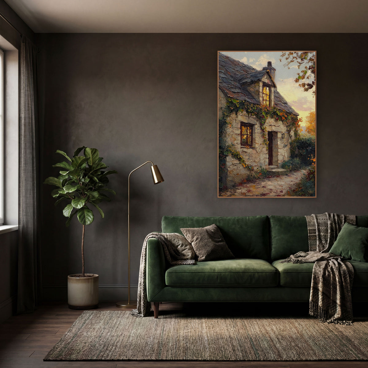 Ivy Covered Stone Cottage Landscape wall art in a moody dark academia room – stone cottage with slate roof