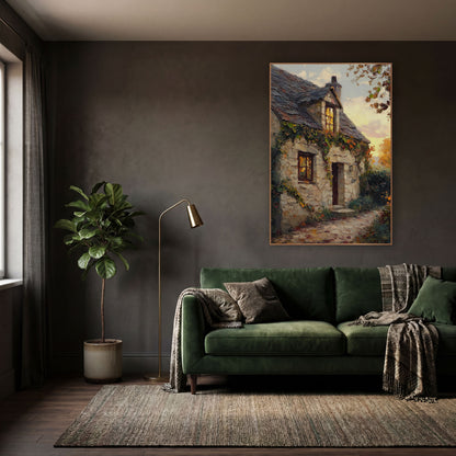 Ivy Covered Stone Cottage Landscape wall art in a moody dark academia room – stone cottage with slate roof