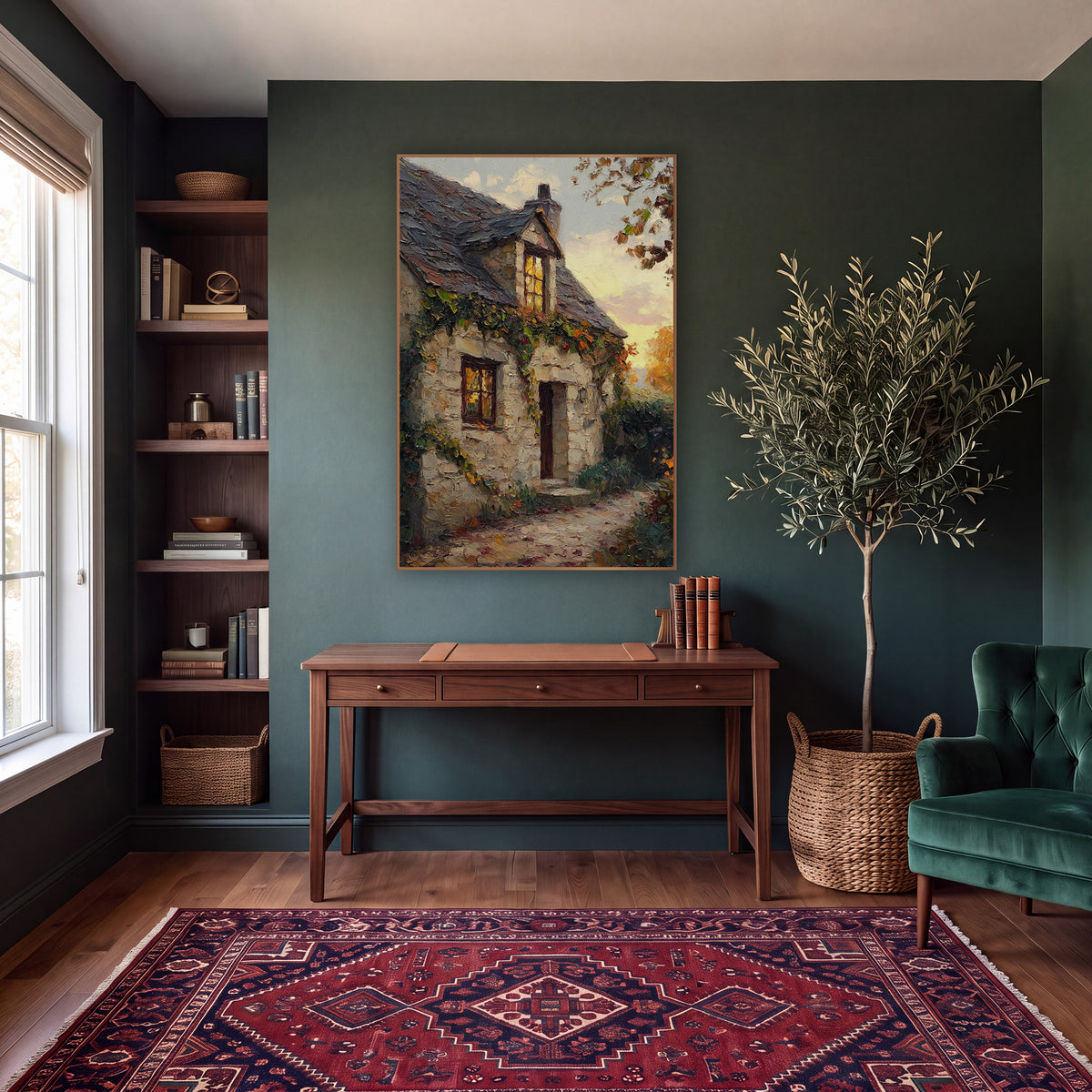 Ivy Covered Stone Cottage Landscape wall art in a moody dark academia room – stone cottage with slate roof