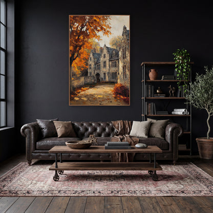Sunlit Manor Lane Orange Maple Classic wall art in a moody dark academia room – old stone manor with slate gabled