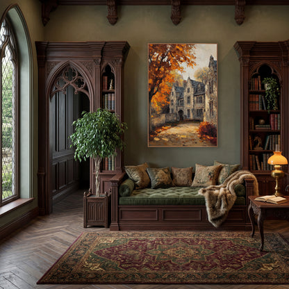 Sunlit Manor Lane Orange Maple Classic wall art in a moody dark academia room – old stone manor with slate gabled