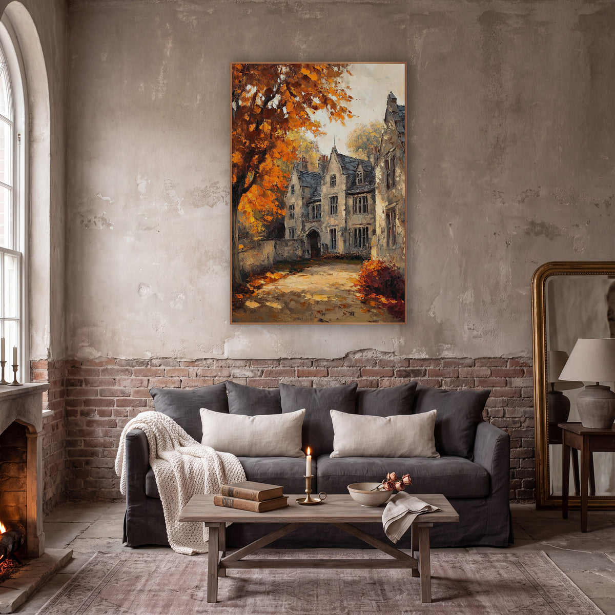 Sunlit Manor Lane Orange Maple Classic wall art in a moody dark academia room – old stone manor with slate gabled