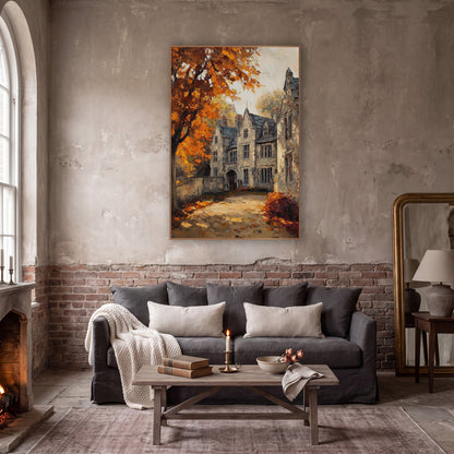 Sunlit Manor Lane Orange Maple Classic wall art in a moody dark academia room – old stone manor with slate gabled