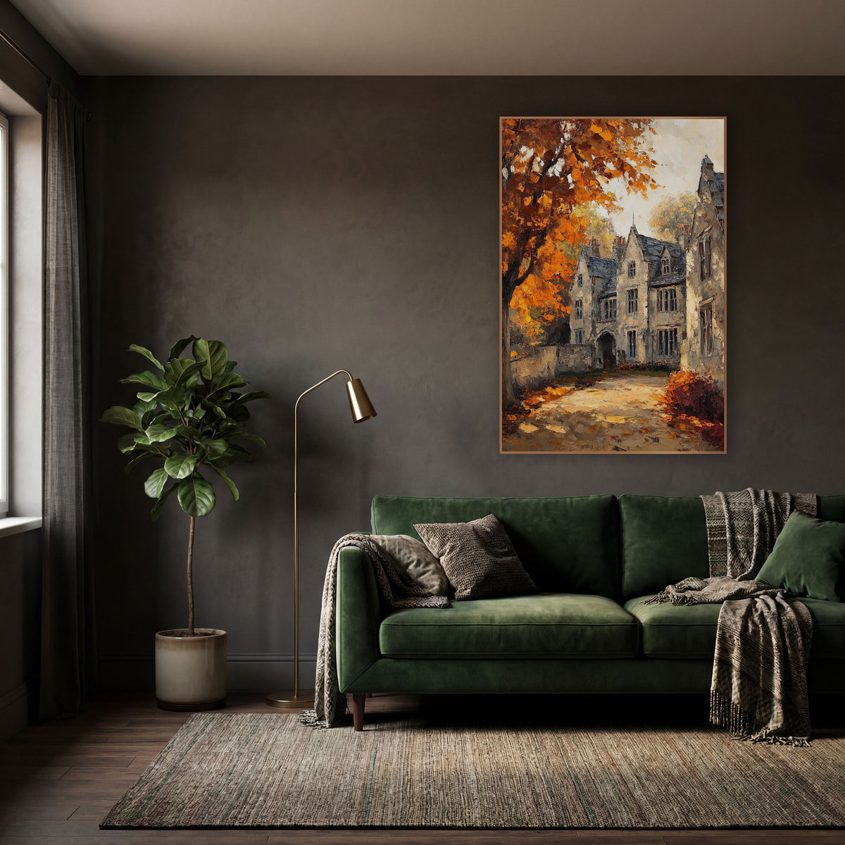 Sunlit Manor Lane Orange Maple Classic wall art in a moody dark academia room – old stone manor with slate gabled