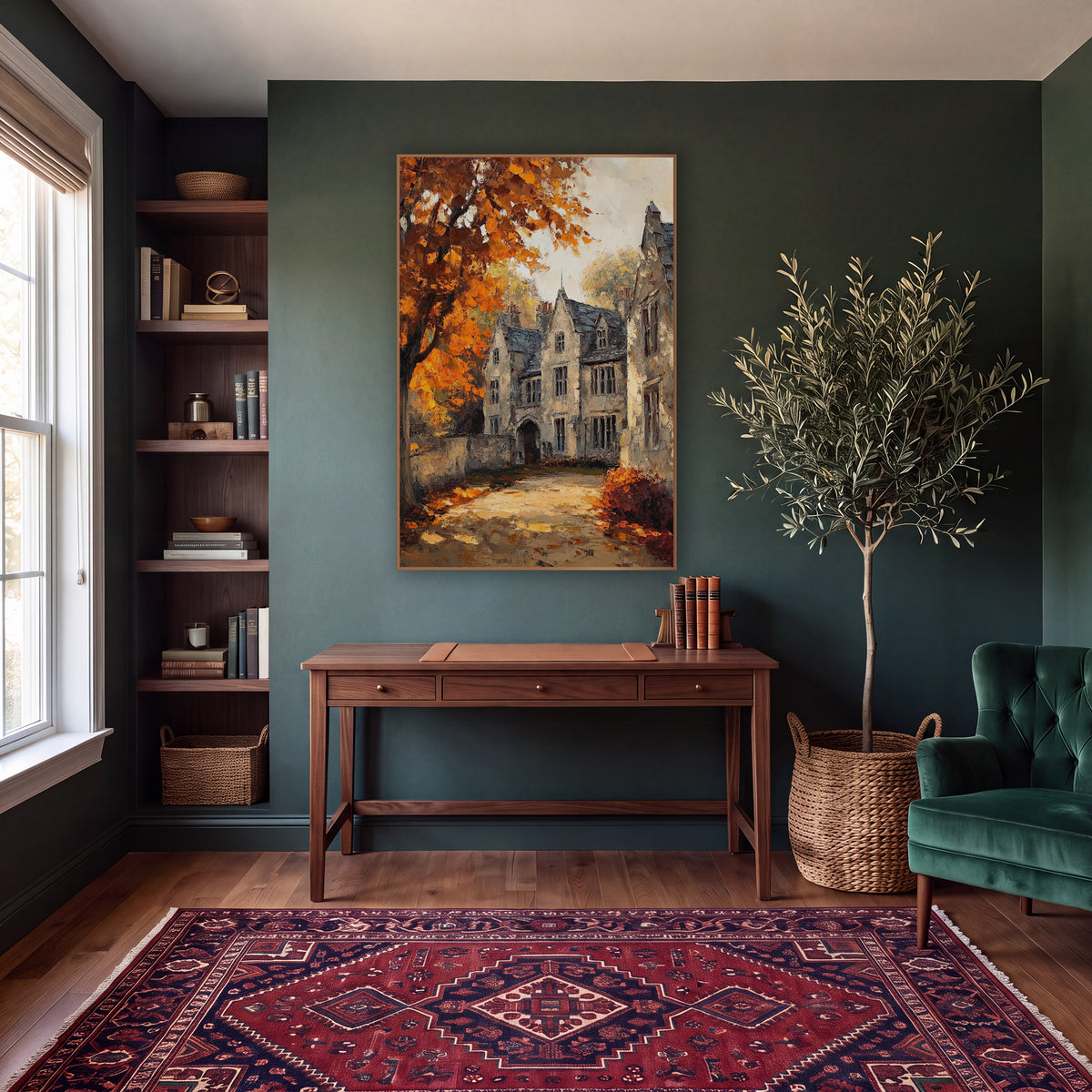 Sunlit Manor Lane Orange Maple Classic wall art in a moody dark academia room – old stone manor with slate gabled