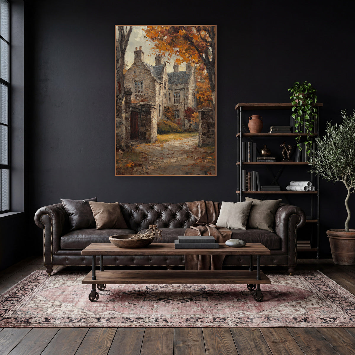 Gabled Manor Gateway Classic wall art in a moody dark academia room – old stone manor house with gabled roofs