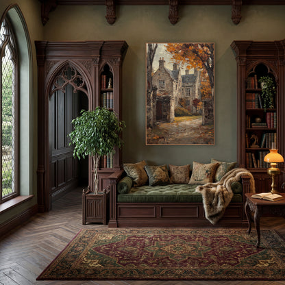 Gabled Manor Gateway Classic wall art in a moody dark academia room – old stone manor house with gabled roofs