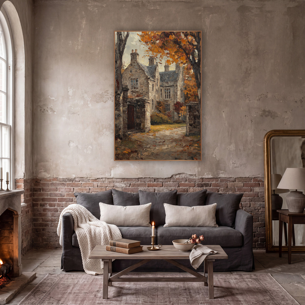Gabled Manor Gateway Classic wall art in a moody dark academia room – old stone manor house with gabled roofs