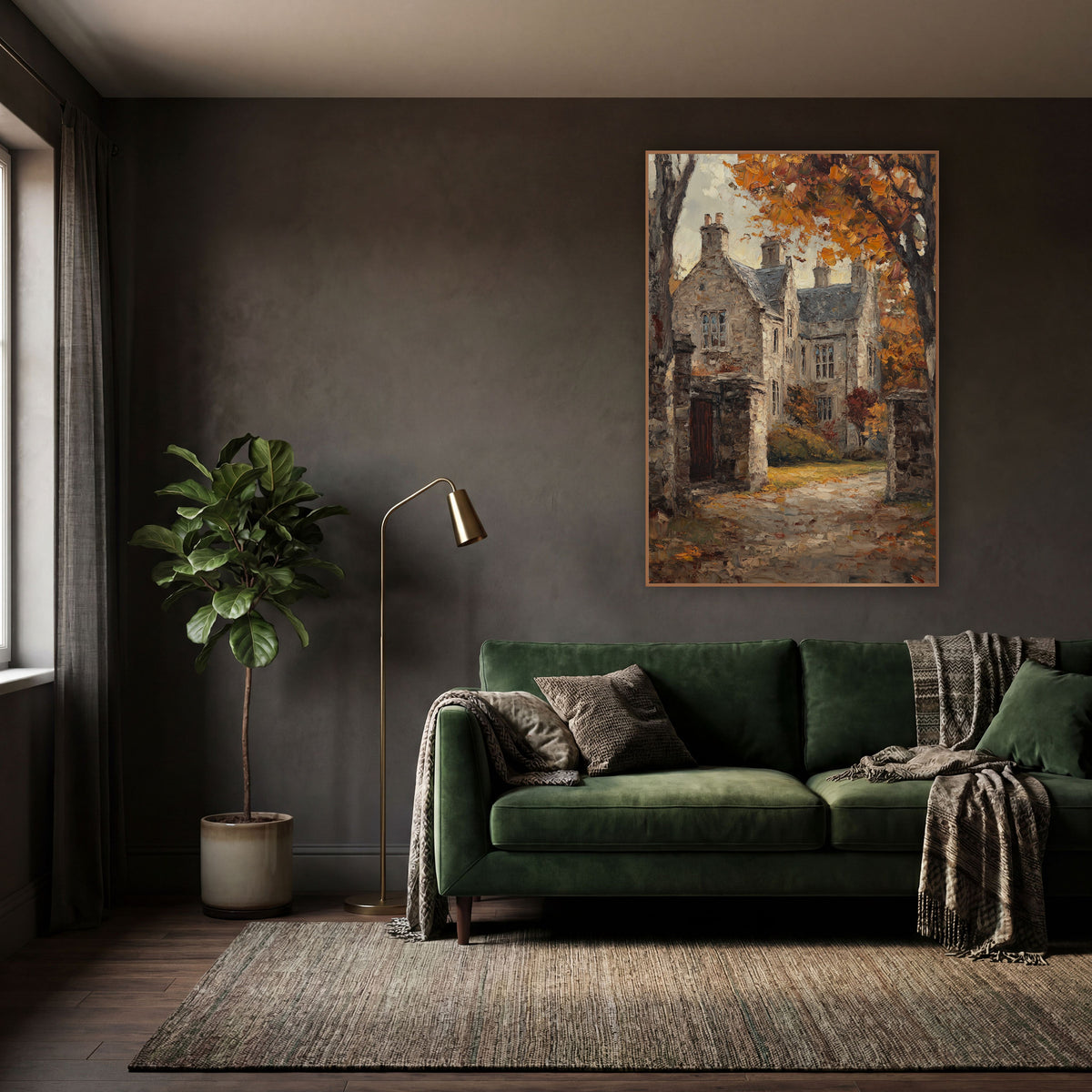 Gabled Manor Gateway Classic wall art in a moody dark academia room – old stone manor house with gabled roofs