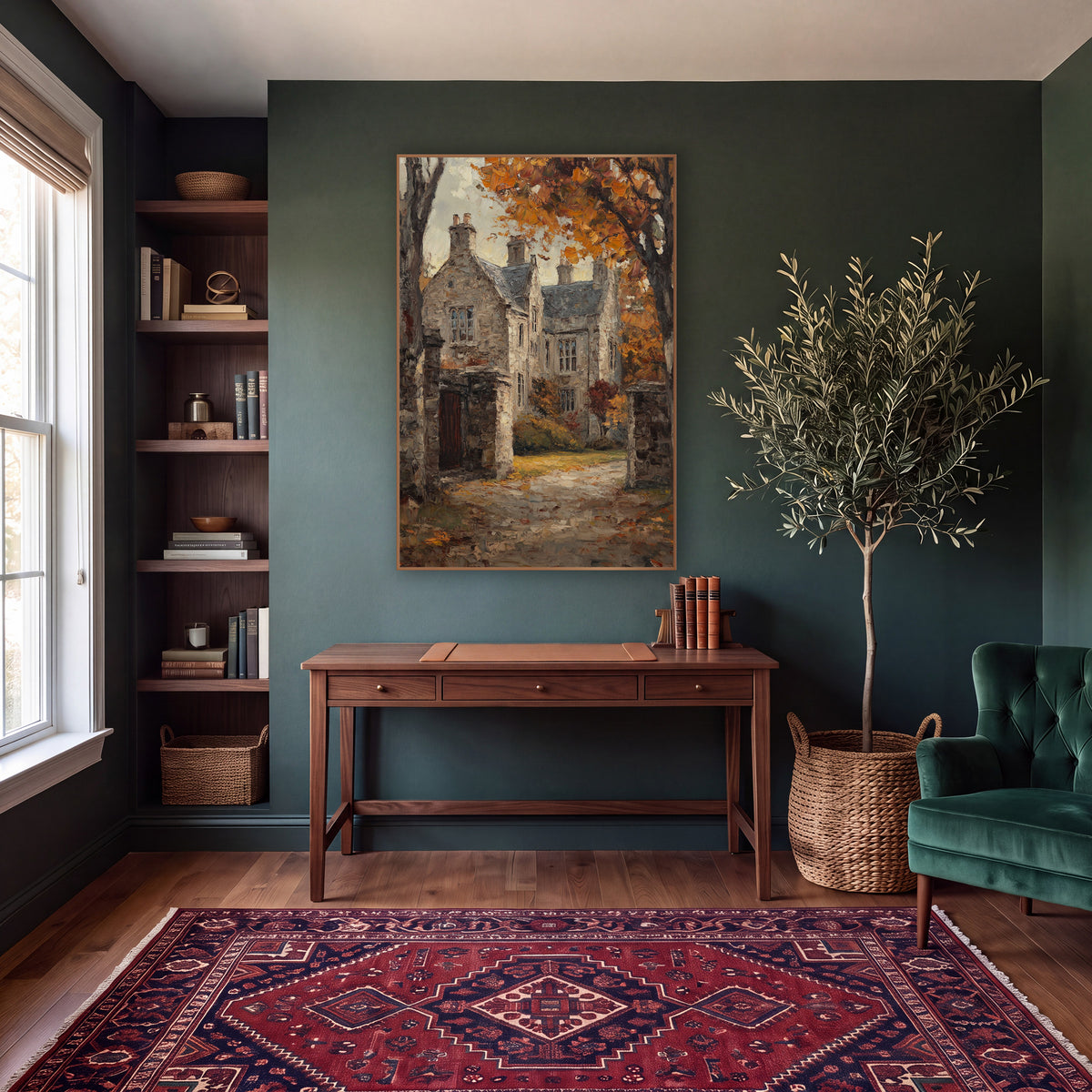 Gabled Manor Gateway Classic wall art in a moody dark academia room – old stone manor house with gabled roofs
