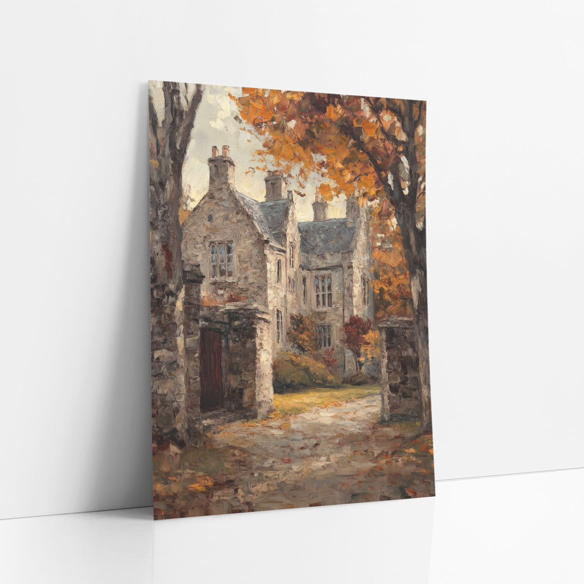 Gabled Manor Gateway Classic art print leaning against a white wall – old stone manor house with gabled roofs and chimneys