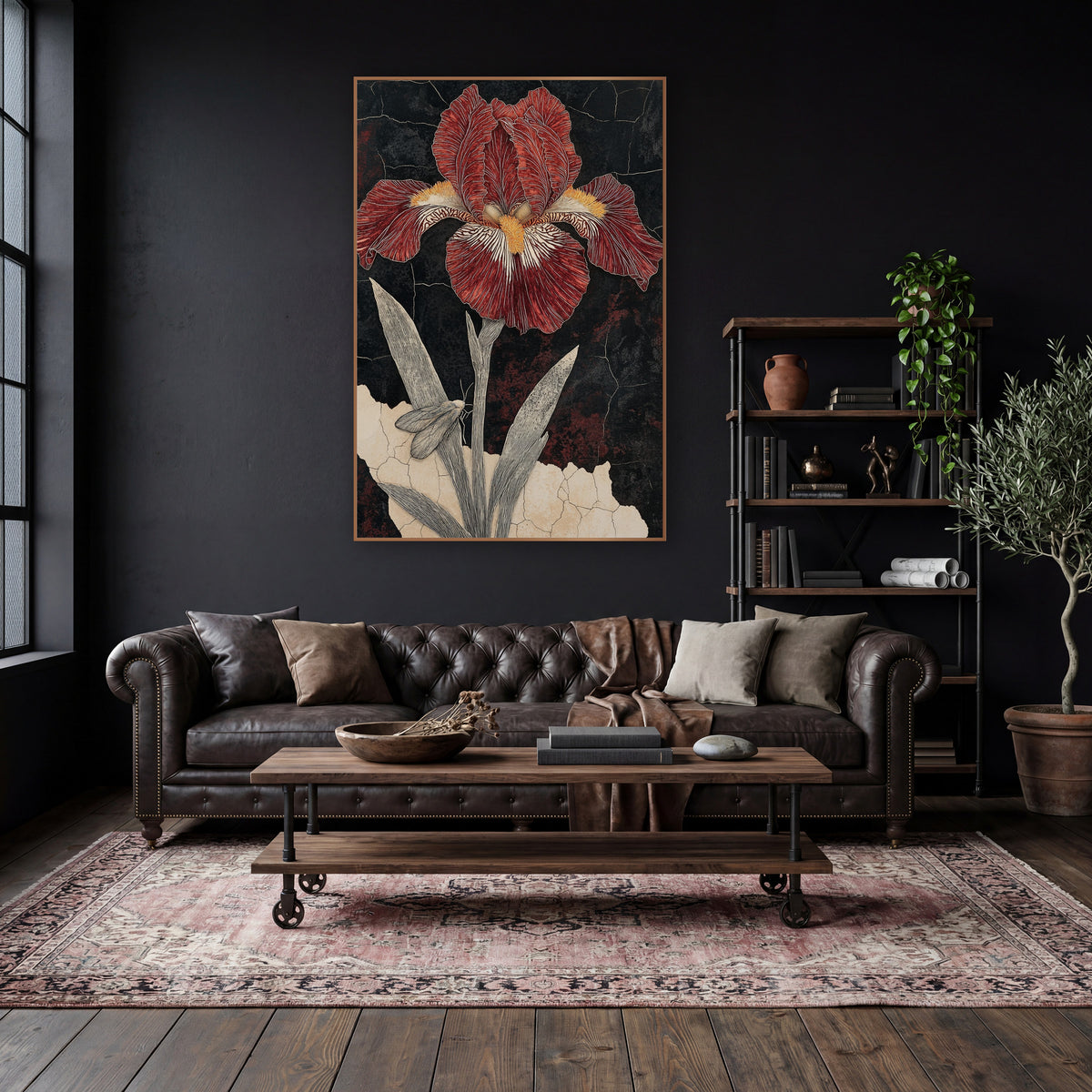 Crimson Bearded Iris Botanical Study wall art in a moody dark academia room – crimson bearded iris with yellow beard