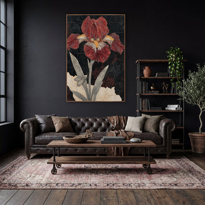 Crimson Bearded Iris Botanical Study wall art in a moody dark academia room – crimson bearded iris with yellow beard