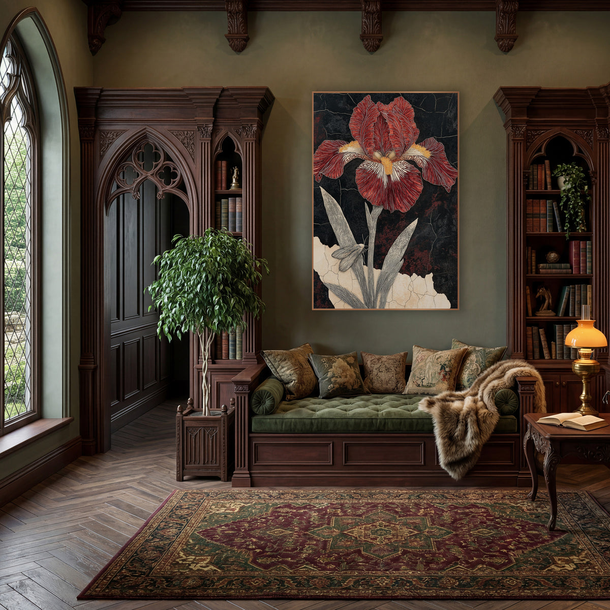 Crimson Bearded Iris Botanical Study wall art in a moody dark academia room – crimson bearded iris with yellow beard