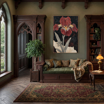 Crimson Bearded Iris Botanical Study wall art in a moody dark academia room – crimson bearded iris with yellow beard