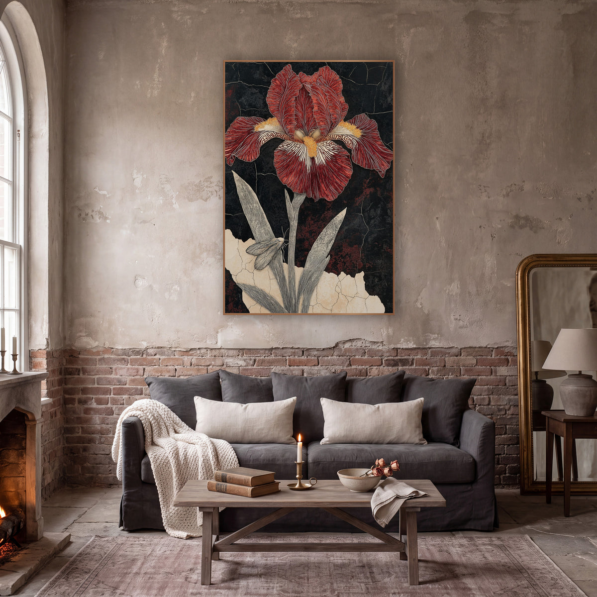 Crimson Bearded Iris Botanical Study wall art in a moody dark academia room – crimson bearded iris with yellow beard