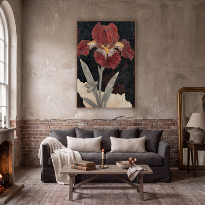Crimson Bearded Iris Botanical Study wall art in a moody dark academia room – crimson bearded iris with yellow beard