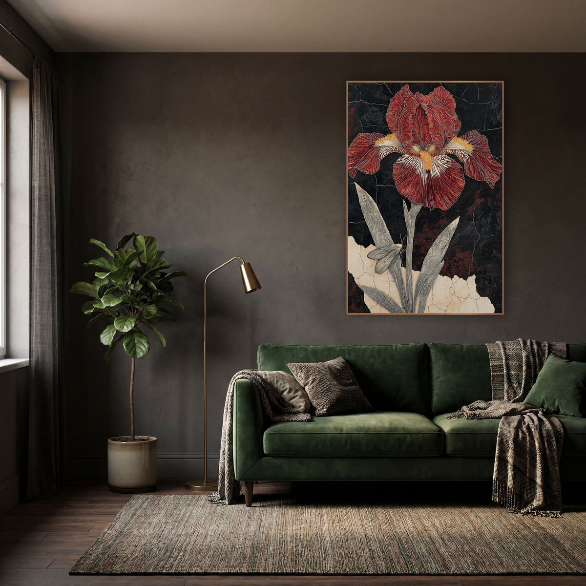 Crimson Bearded Iris Botanical Study wall art in a moody dark academia room – crimson bearded iris with yellow beard