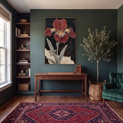 Crimson Bearded Iris Botanical Study wall art in a moody dark academia room – crimson bearded iris with yellow beard