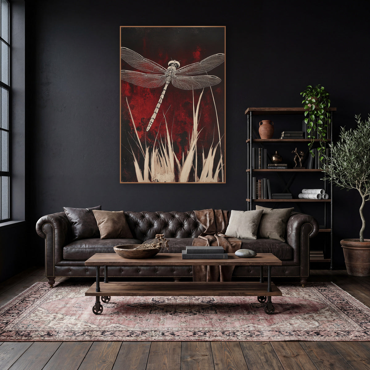 Ivory Dragonfly Crimson Gothic wall art in a moody dark academia room – cream dragonfly with veined wings above pale