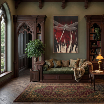 Ivory Dragonfly Crimson Gothic wall art in a moody dark academia room – cream dragonfly with veined wings above pale