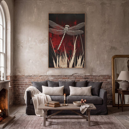 Ivory Dragonfly Crimson Gothic wall art in a moody dark academia room – cream dragonfly with veined wings above pale