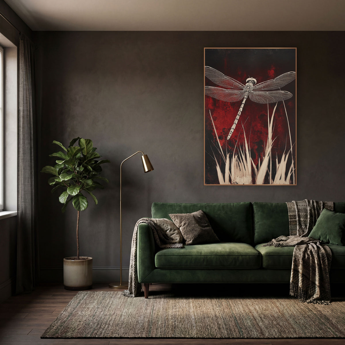 Ivory Dragonfly Crimson Gothic wall art in a moody dark academia room – cream dragonfly with veined wings above pale