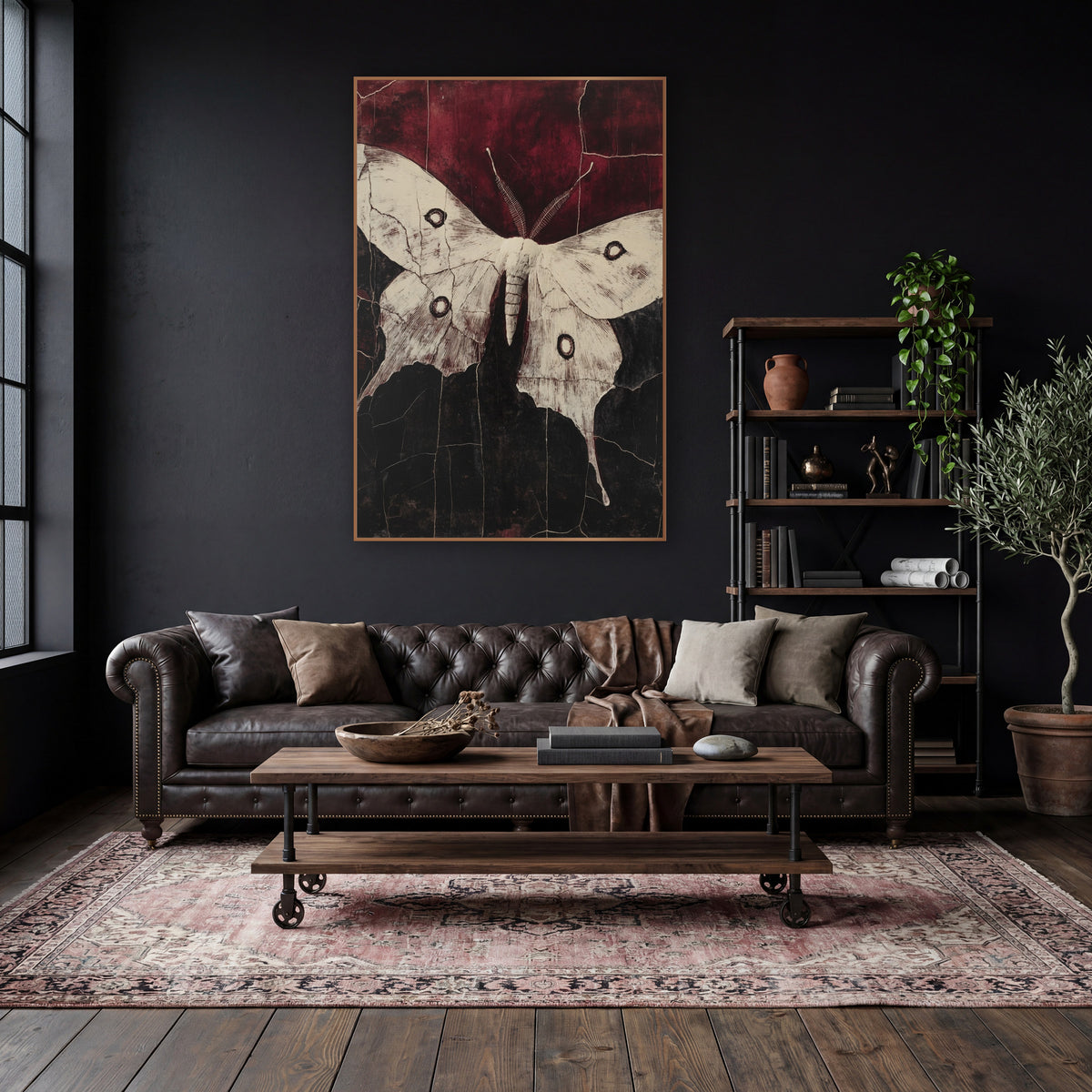 Cream Luna Moth Dark Academia wall art in a moody dark academia room – cream luna moth with four dark eyespots