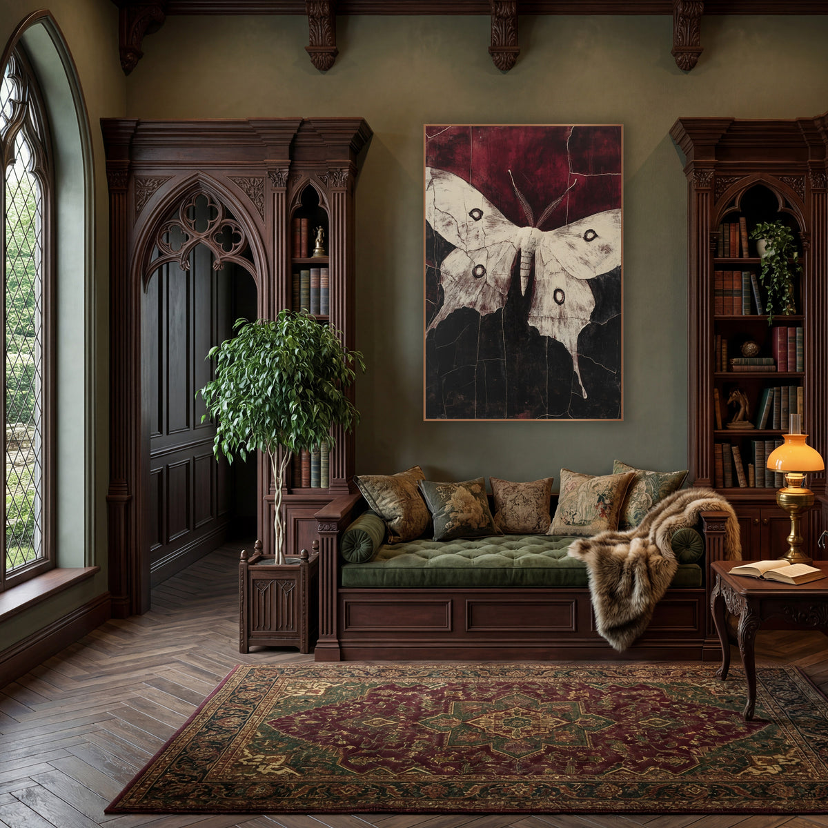 Cream Luna Moth Dark Academia wall art in a moody dark academia room – cream luna moth with four dark eyespots