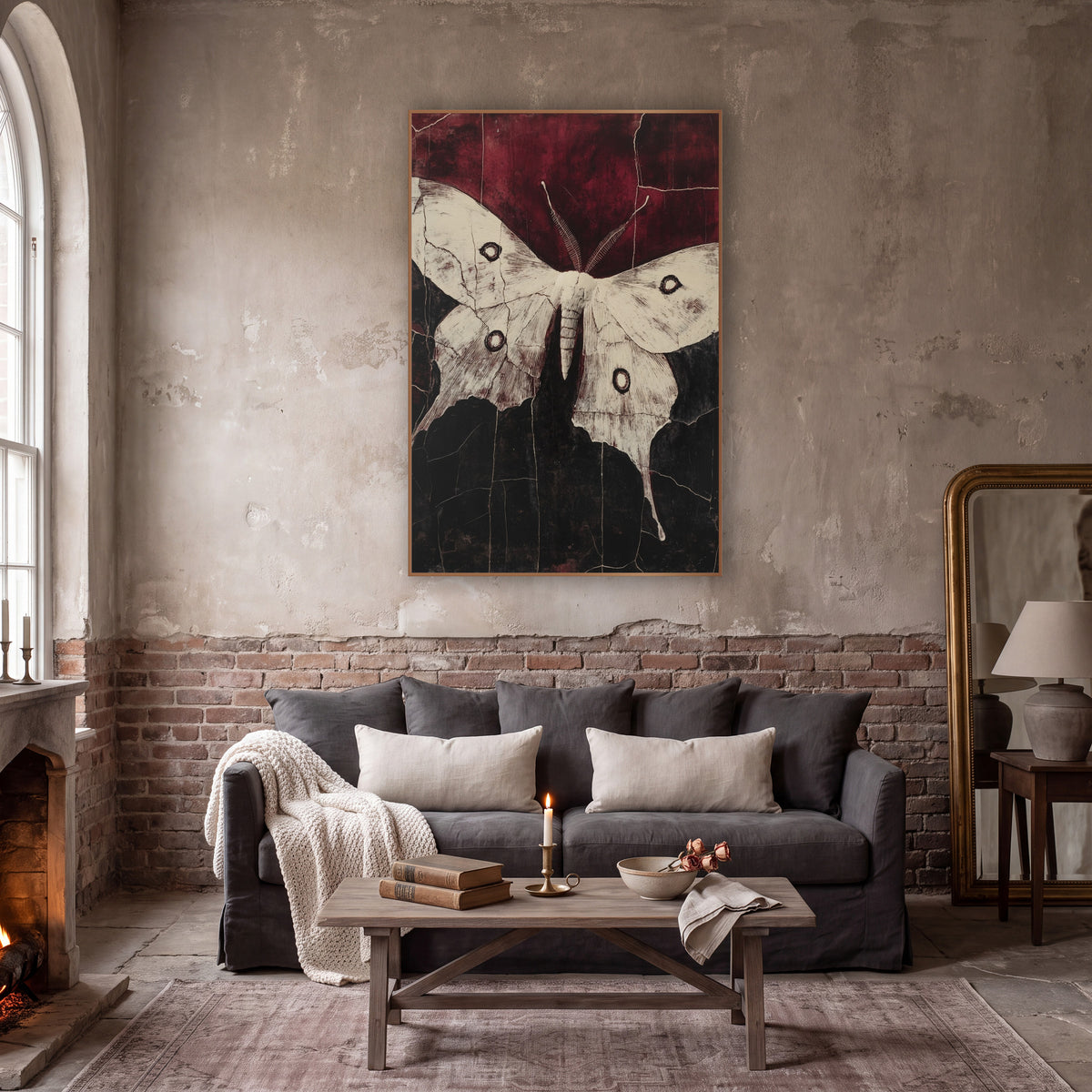 Cream Luna Moth Dark Academia wall art in a moody dark academia room – cream luna moth with four dark eyespots