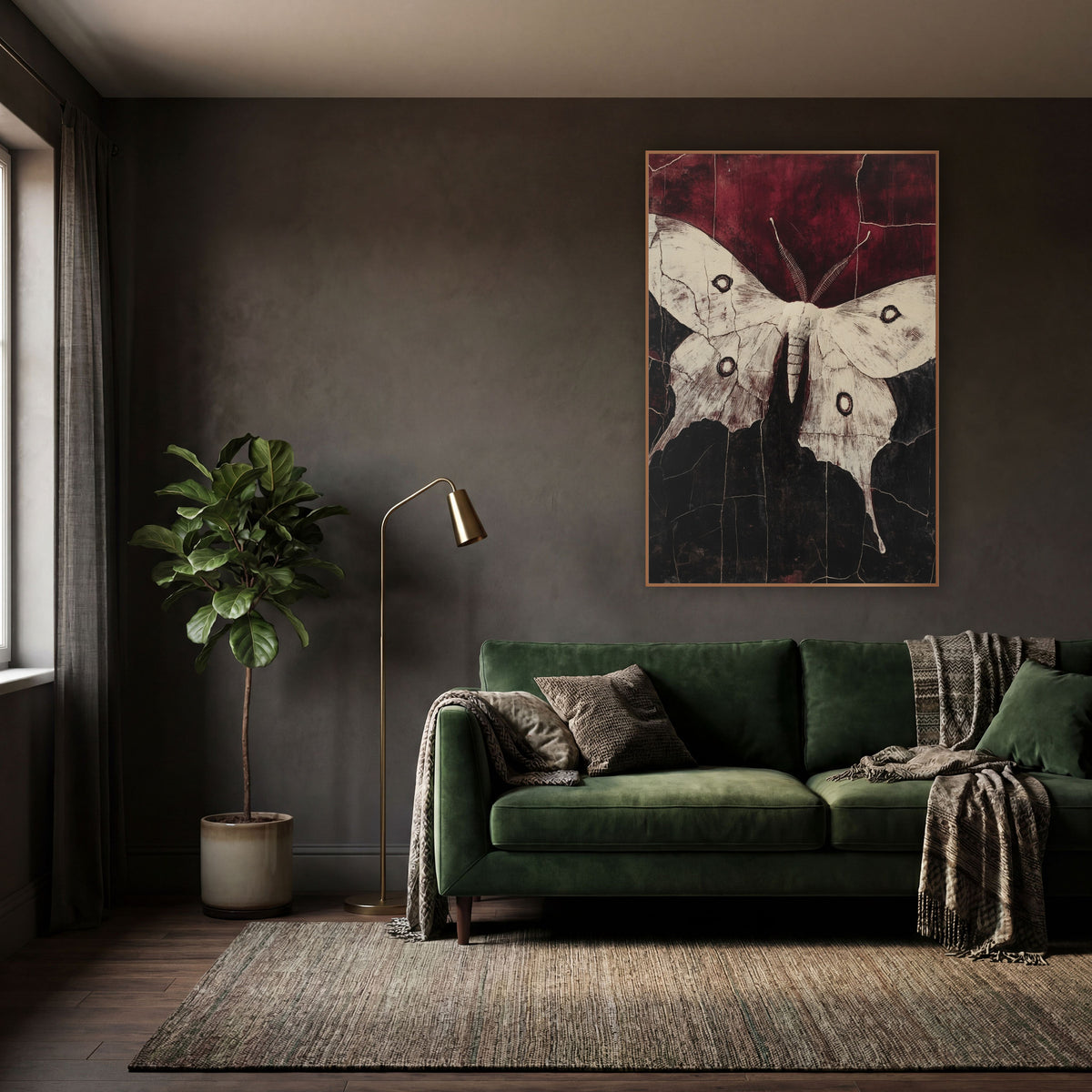 Cream Luna Moth Dark Academia wall art in a moody dark academia room – cream luna moth with four dark eyespots
