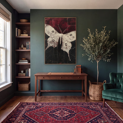 Cream Luna Moth Dark Academia wall art in a moody dark academia room – cream luna moth with four dark eyespots