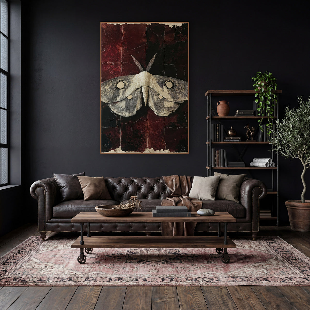 Ivory Moth Oxblood Dark Academia wall art in a moody dark academia room – pale moth with fine line wings and round