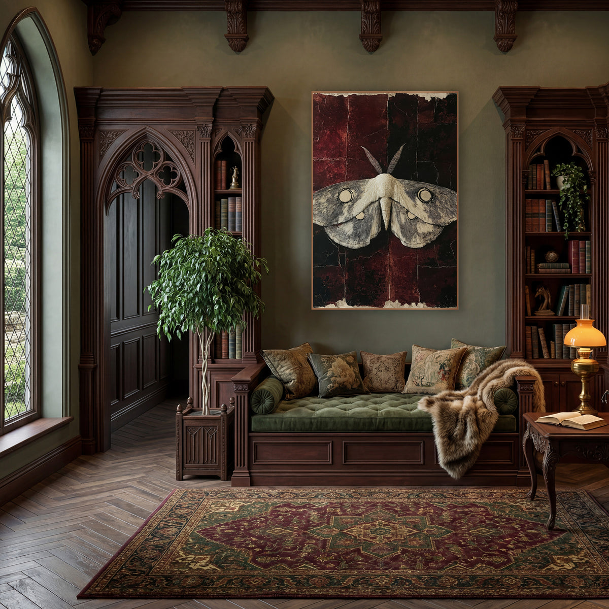 Ivory Moth Oxblood Dark Academia wall art in a moody dark academia room – pale moth with fine line wings and round