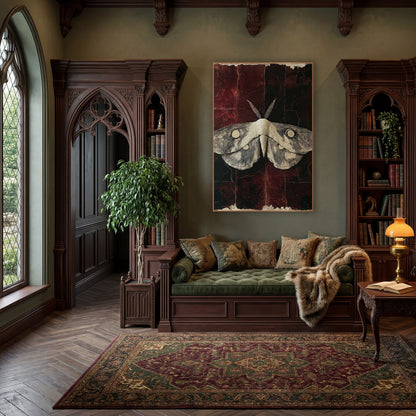 Ivory Moth Oxblood Dark Academia wall art in a moody dark academia room – pale moth with fine line wings and round